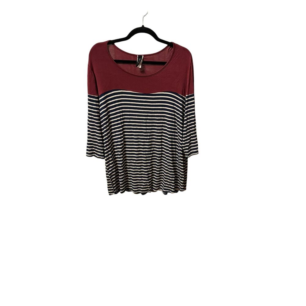 Lovely Soul Maroon and Navy Stripe Scop Neck Shirt 3\4 Sleeve Women's Size 2XL